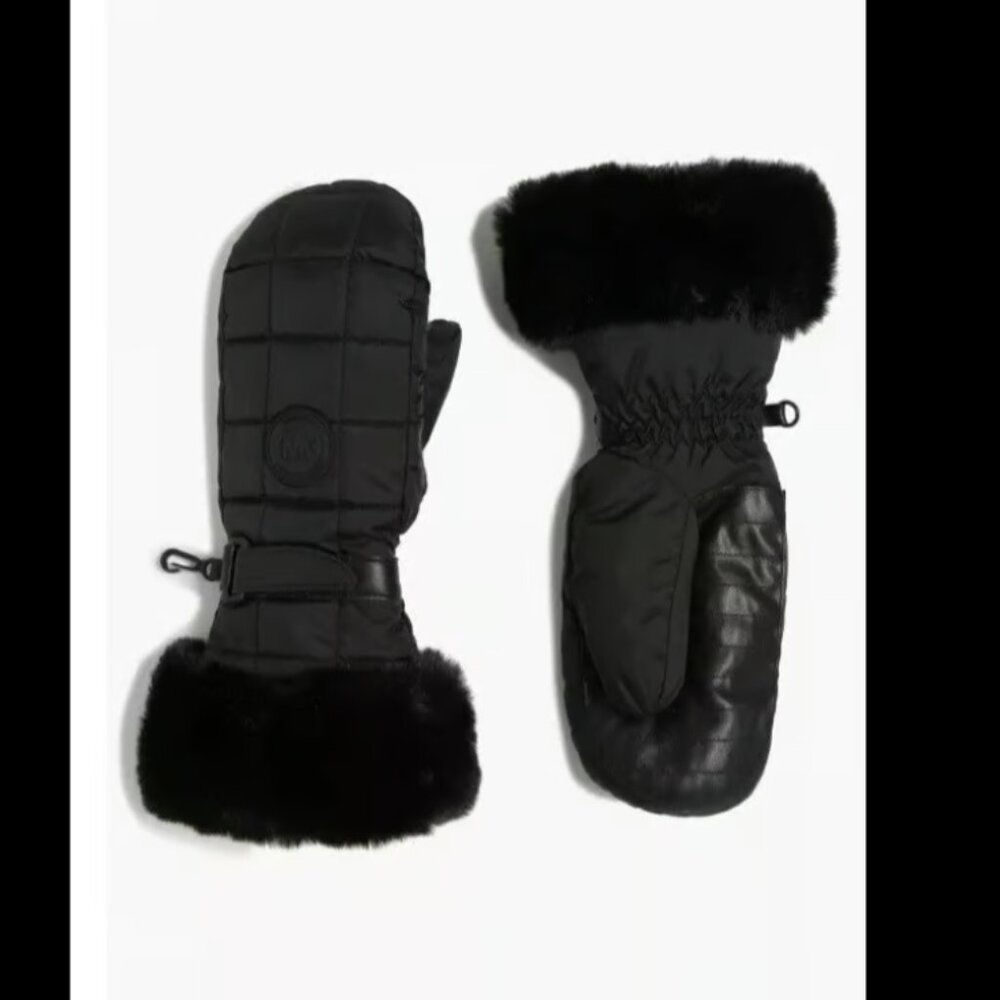 MICHAEL KORS BLACK QUILTED MITTENS WITH FAUX FUR TRIM GLOVES S/M